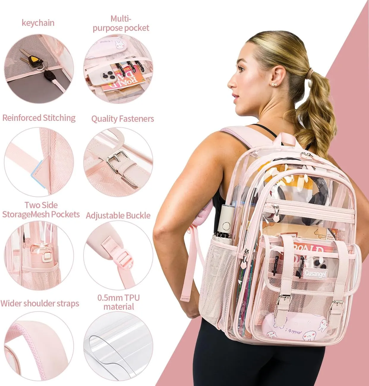 Cusangel clear Backpack for women Pink Heavy Duty See Through XL 18”x8”x12” Plastic Big Transparent Bookbag for Sport Event,School,Stadium Events & Work Backpacks