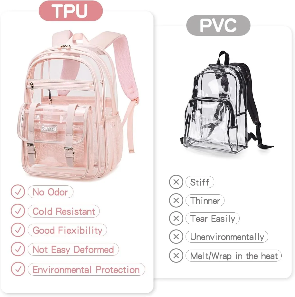 Cusangel clear Backpack for women Pink Heavy Duty See Through XL 18”x8”x12” Plastic Big Transparent Bookbag for Sport Event,School,Stadium Events & Work Backpacks