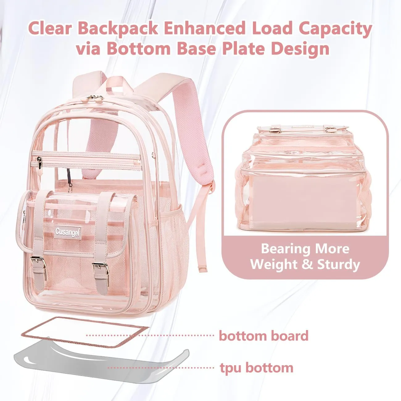 Cusangel clear Backpack for women Pink Heavy Duty See Through XL 18”x8”x12” Plastic Big Transparent Bookbag for Sport Event,School,Stadium Events & Work Backpacks