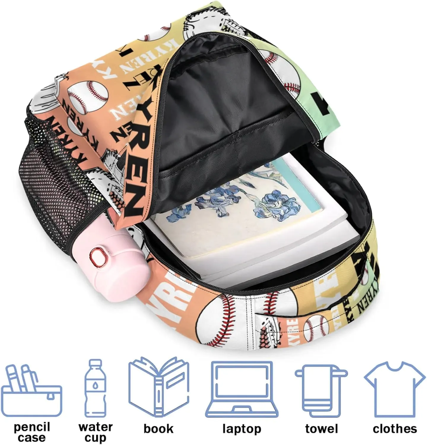 Custom Baseball Backpack for Men Women, Personalized Laptop Backpack with Name, Sports Bag Lightweight Daypack for Travel Camping, Colorful