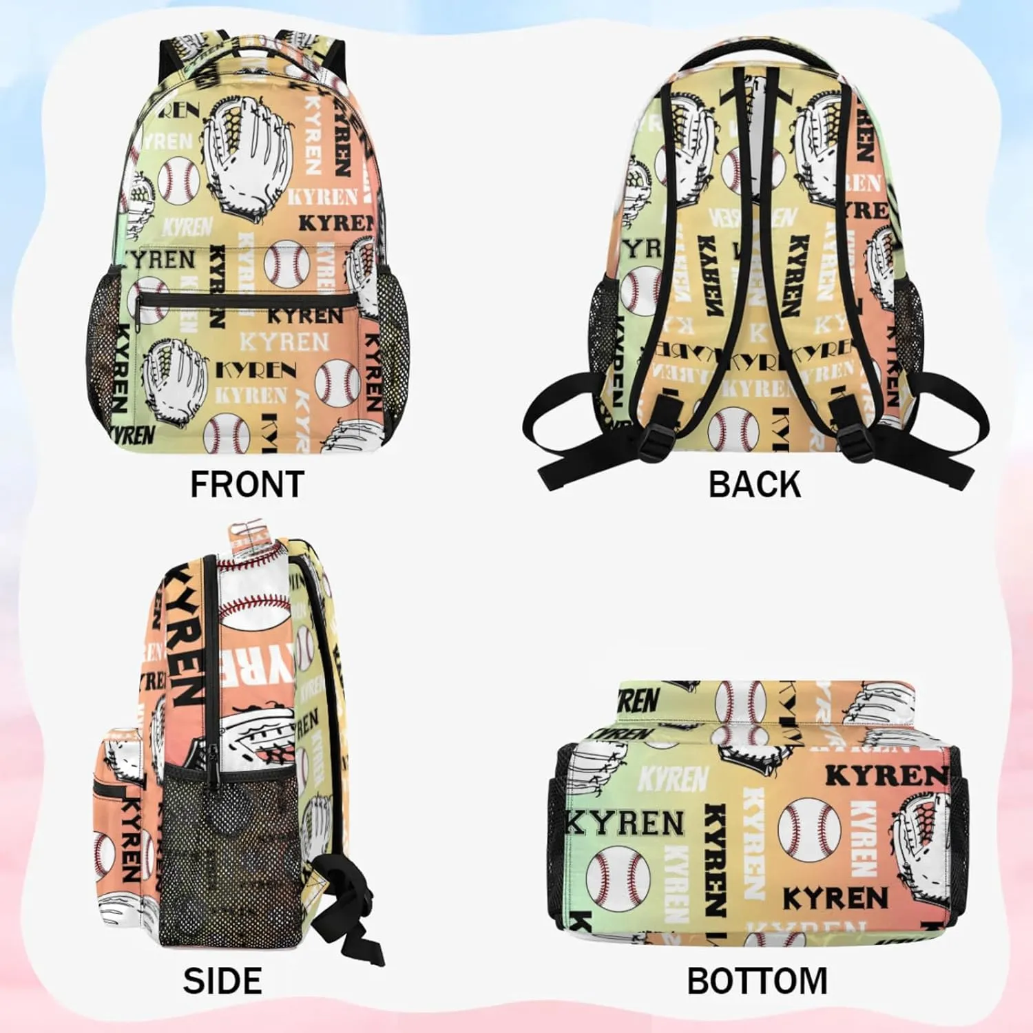 Custom Baseball Backpack for Men Women, Personalized Laptop Backpack with Name, Sports Bag Lightweight Daypack for Travel Camping, Colorful