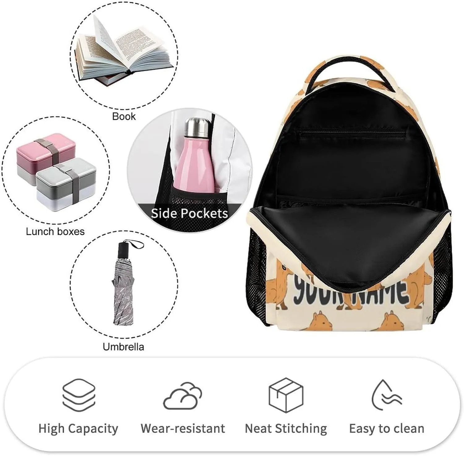 Custom Capybara Backpack for Kids Girls Boys School, 16 Inches Cute Capybara Theme Bookbag, Adjustable, Lightweight, Large Capacity, Colorful Capybara Backpack for School