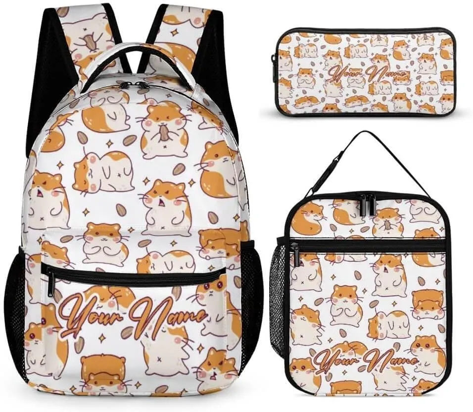 Custom Hamster Backpack with Lunch Box & Pencil Case for Kids Girls Boys School, 16 Inch Cute Hamsters Bookbag, School Backpack for Students Children, Lightweight, Large Capacity