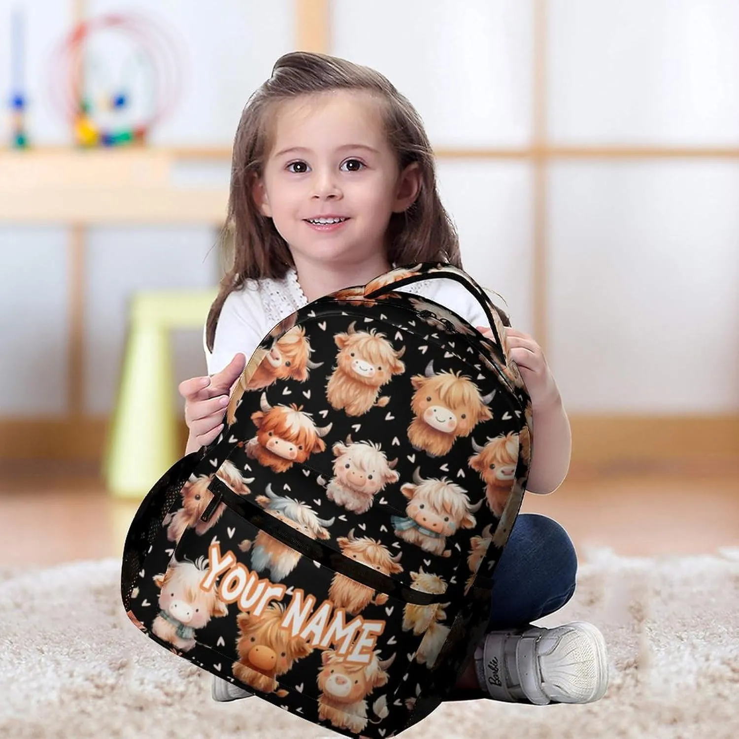 Custom Highland Cow School Backpack for Kids Girls Boys, 16 Inch Cute Highland Cow Themed Bookbag, Personalized School Backpack for Students Children, sustainable, Lightweight, Large Capacity