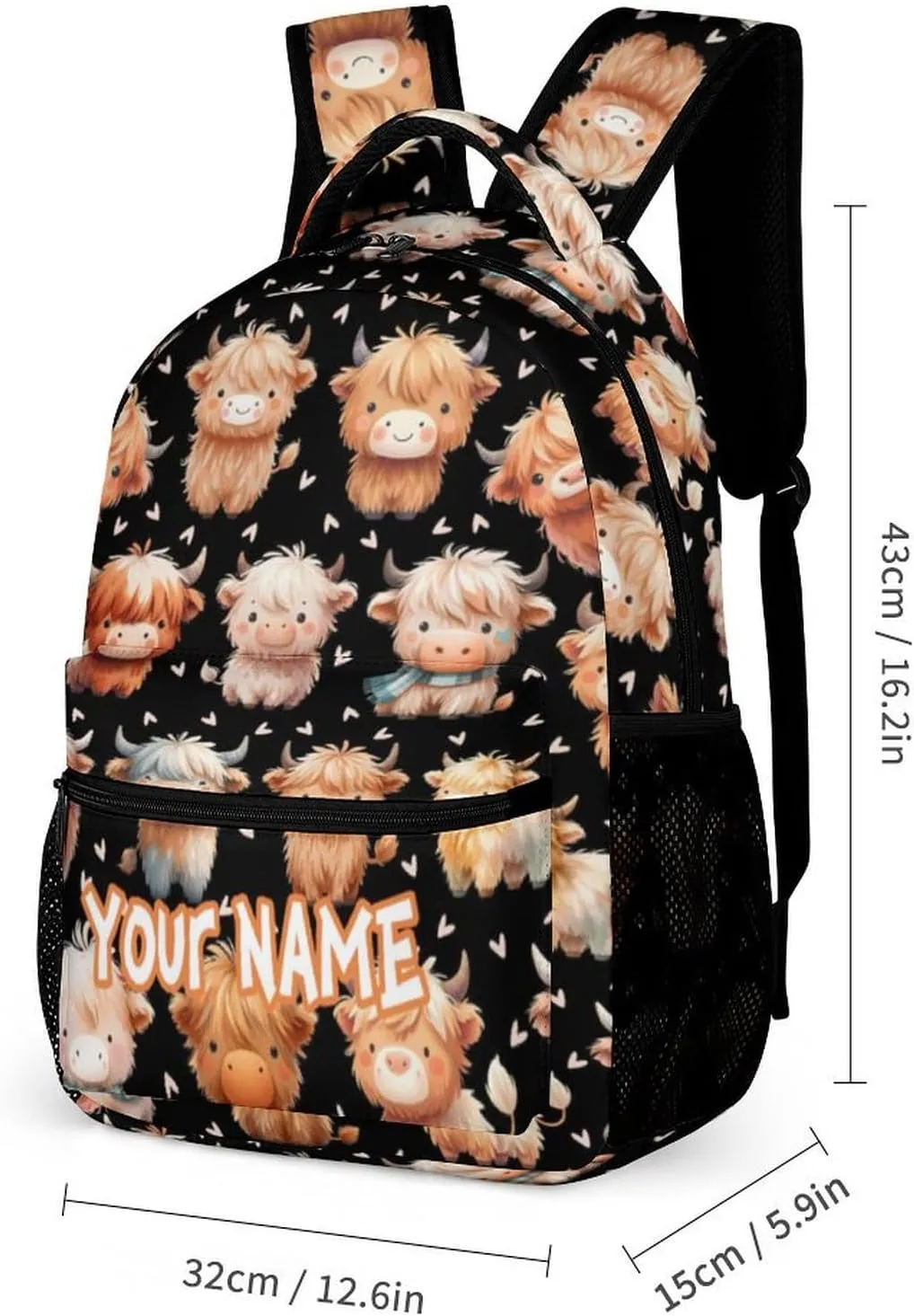 Custom Highland Cow School Backpack for Kids Girls Boys, 16 Inch Cute Highland Cow Themed Bookbag, Personalized School Backpack for Students Children, sustainable, Lightweight, Large Capacity