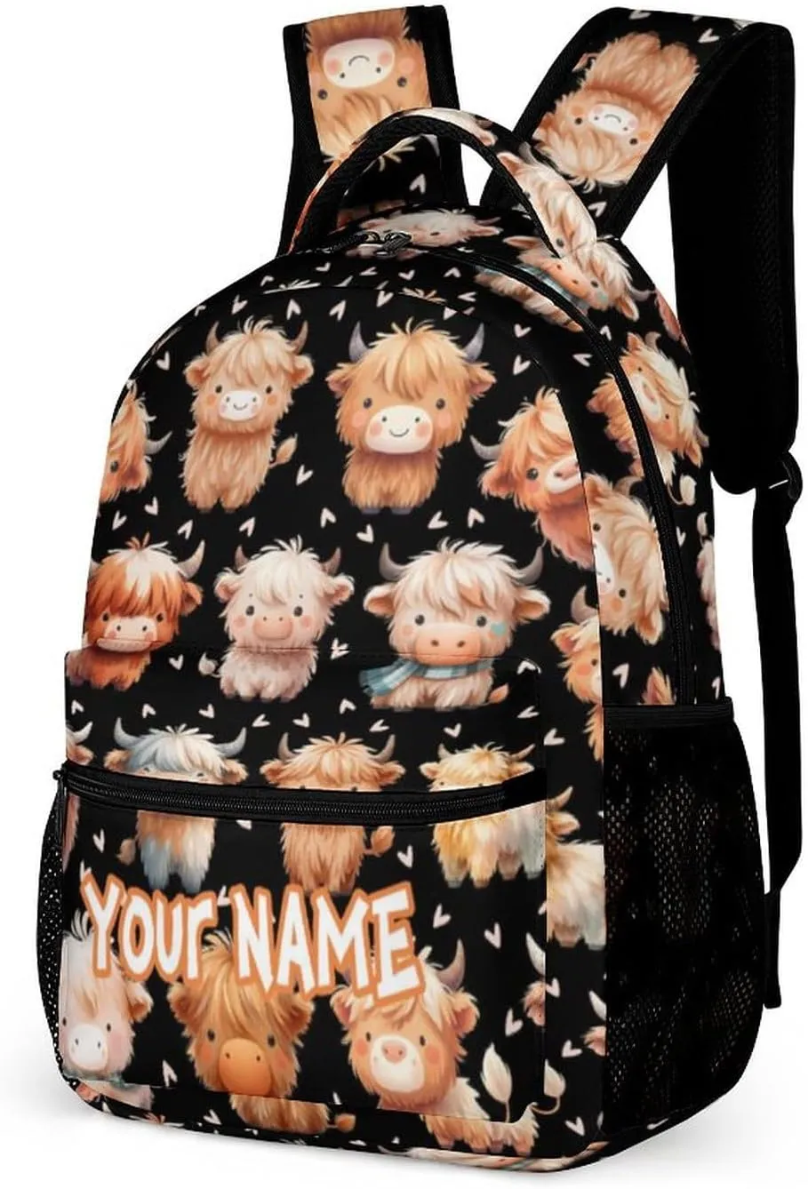 Custom Highland Cow School Backpack for Kids Girls Boys, 16 Inch Cute Highland Cow Themed Bookbag, Personalized School Backpack for Students Children, sustainable, Lightweight, Large Capacity