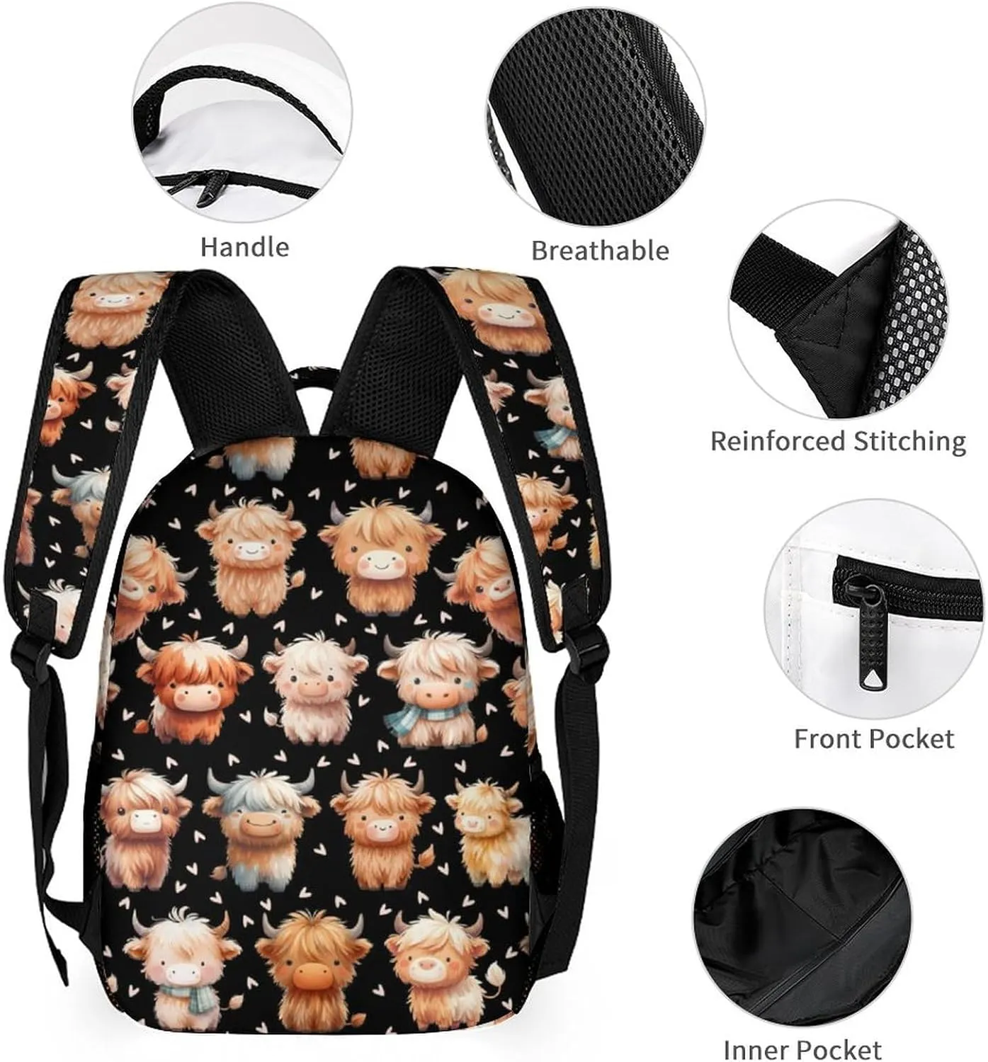 Custom Highland Cow School Backpack for Kids Girls Boys, 16 Inch Cute Highland Cow Themed Bookbag, Personalized School Backpack for Students Children, sustainable, Lightweight, Large Capacity
