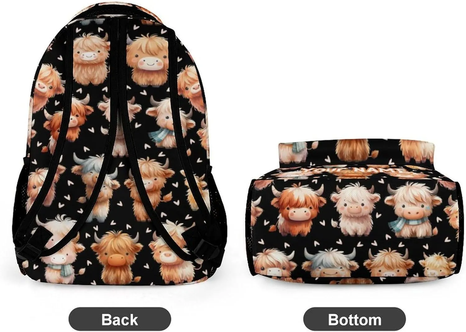 Custom Highland Cow School Backpack for Kids Girls Boys, 16 Inch Cute Highland Cow Themed Bookbag, Personalized School Backpack for Students Children, sustainable, Lightweight, Large Capacity