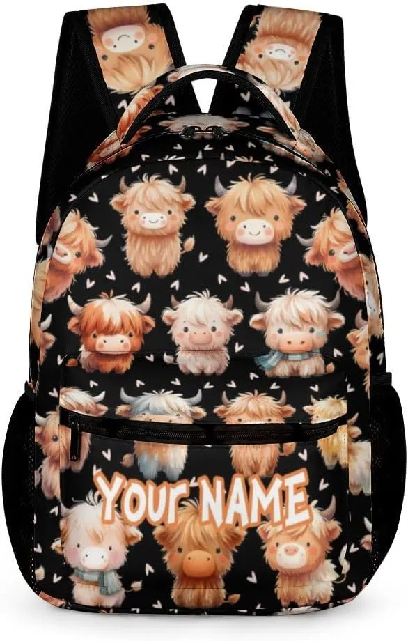 Custom Highland Cow School Backpack for Kids Girls Boys, 16 Inch Cute Highland Cow Themed Bookbag, Personalized School Backpack for Students Children, sustainable, Lightweight, Large Capacity