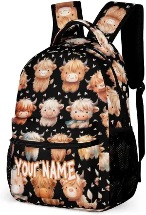 Custom Highland Cow School Backpack for Kids Girls Boys, 16 Inch Cute Highland Cow Themed Bookbag, Personalized School Backpack for Students Children, sustainable, Lightweight, Large Capacity
