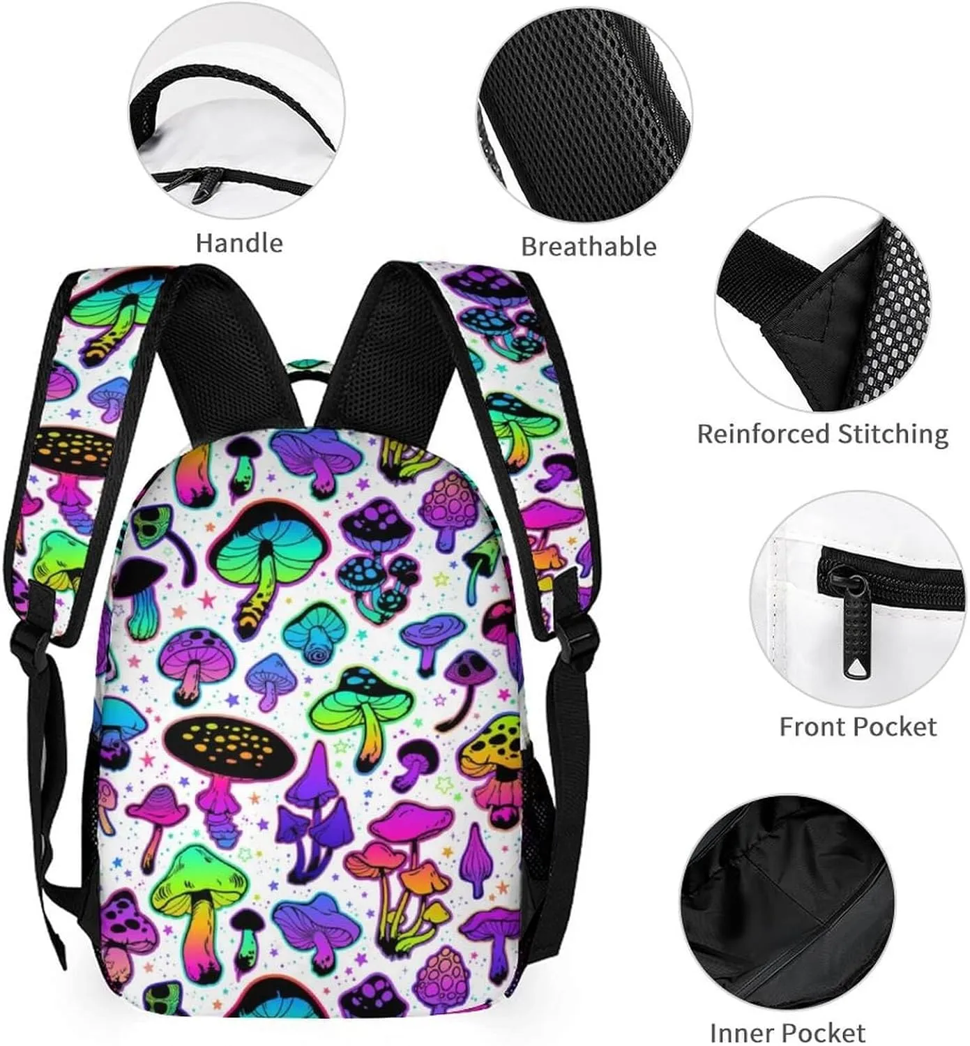 Custom Mushroom Backpack with Lunch Box & Pencil Case, 16 Inch Cute Mushroom Themed Bookbag, Adjustable Lightweight Large Capacity, Colorful Mushroom Backpack Set for Kids Girls Boys School