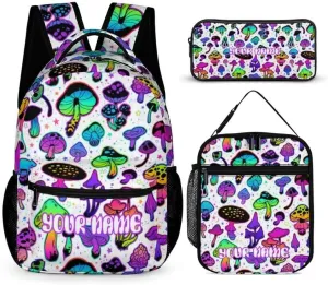 Custom Mushroom Backpack with Lunch Box & Pencil Case, 16 Inch Cute Mushroom Themed Bookbag, Adjustable Lightweight Large Capacity, Colorful Mushroom Backpack Set for Kids Girls Boys School