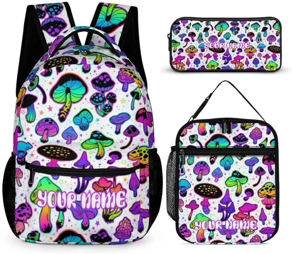 Custom Mushroom Backpack with Lunch Box & Pencil Case, 16 Inch Cute Mushroom Themed Bookbag, Adjustable Lightweight Large Capacity, Colorful Mushroom Backpack Set for Kids Girls Boys School