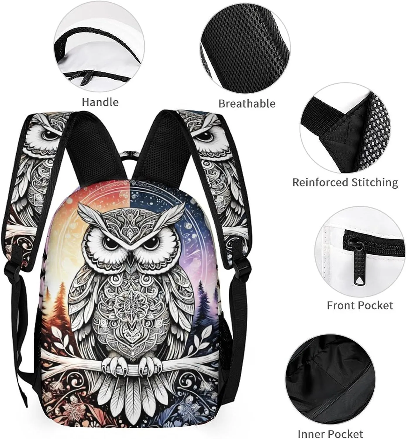Custom Owl Backpack with Lunch Box & Pencil Case, 16 Inch Cute Owl Bookbag, Adjustable Lightweight Large Capacity, Colorful Backpack Set for Kids Girls Boys School