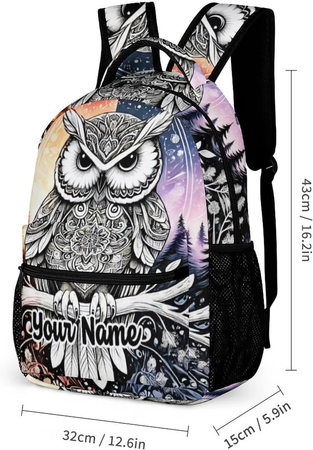 Custom Owl Backpack with Lunch Box & Pencil Case, 16 Inch Cute Owl Bookbag, Adjustable Lightweight Large Capacity, Colorful Backpack Set for Kids Girls Boys School