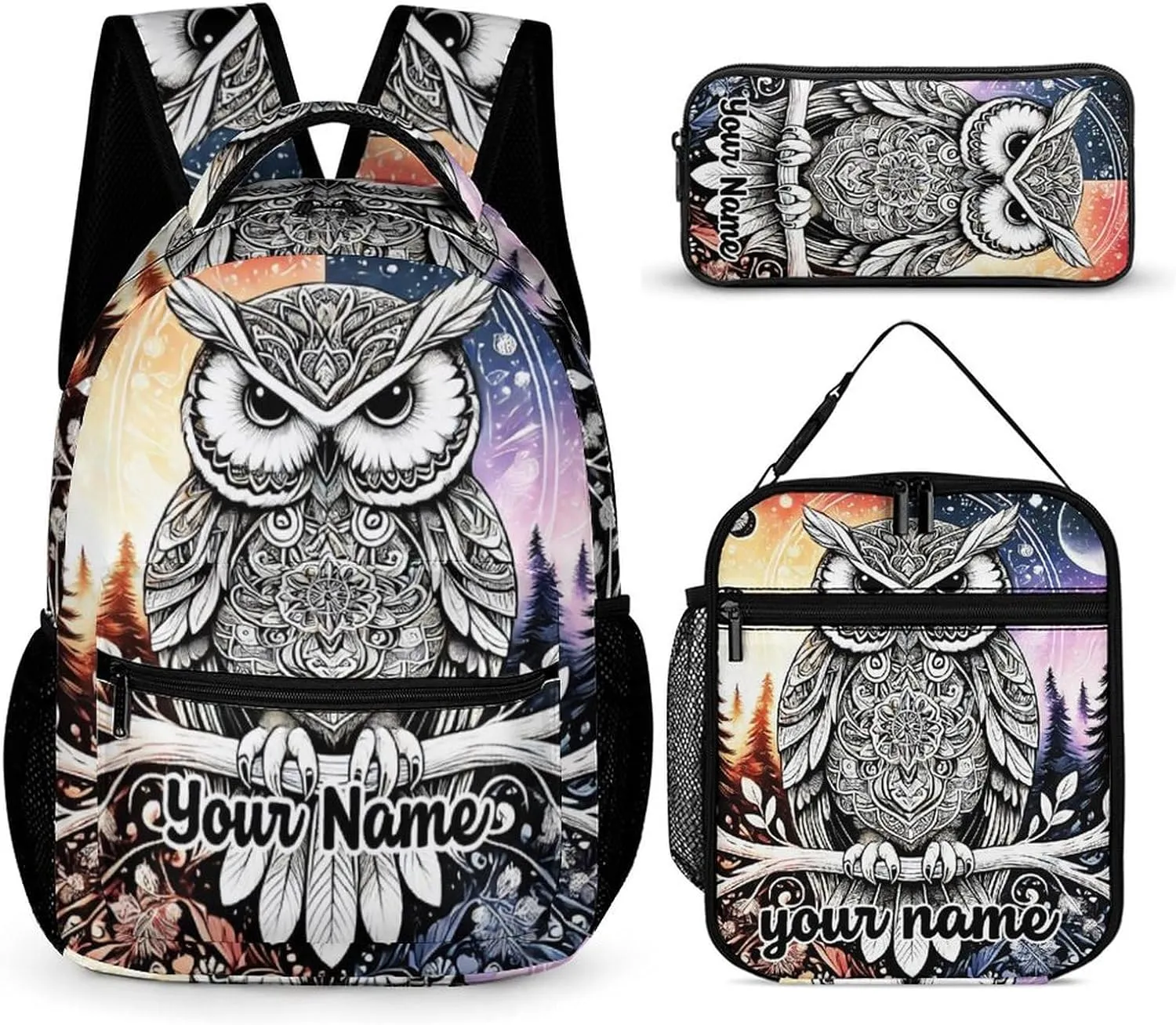 Custom Owl Backpack with Lunch Box & Pencil Case, 16 Inch Cute Owl Bookbag, Adjustable Lightweight Large Capacity, Colorful Backpack Set for Kids Girls Boys School