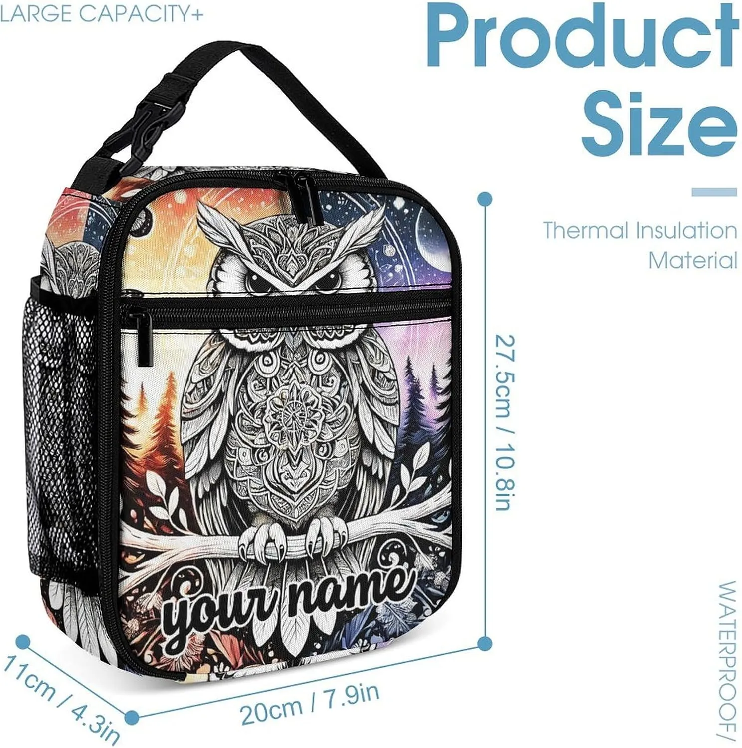 Custom Owl Backpack with Lunch Box & Pencil Case, 16 Inch Cute Owl Bookbag, Adjustable Lightweight Large Capacity, Colorful Backpack Set for Kids Girls Boys School