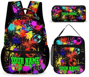 Custom Soccer Backpack with Lunch Box & Pencil Case for Kids Girls Boys School, 16 Inch Cool Soccer Bookbag, School Backpack for Students Children, sustainable, Lightweight, Large Capacity