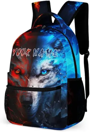Custom Wolf Backpack for Kids Girls Boys School, 16 Inches Cute Wolf Theme Bookbag, Adjustable, Lightweight, Large Capacity, Colorful Wolf Backpack for School