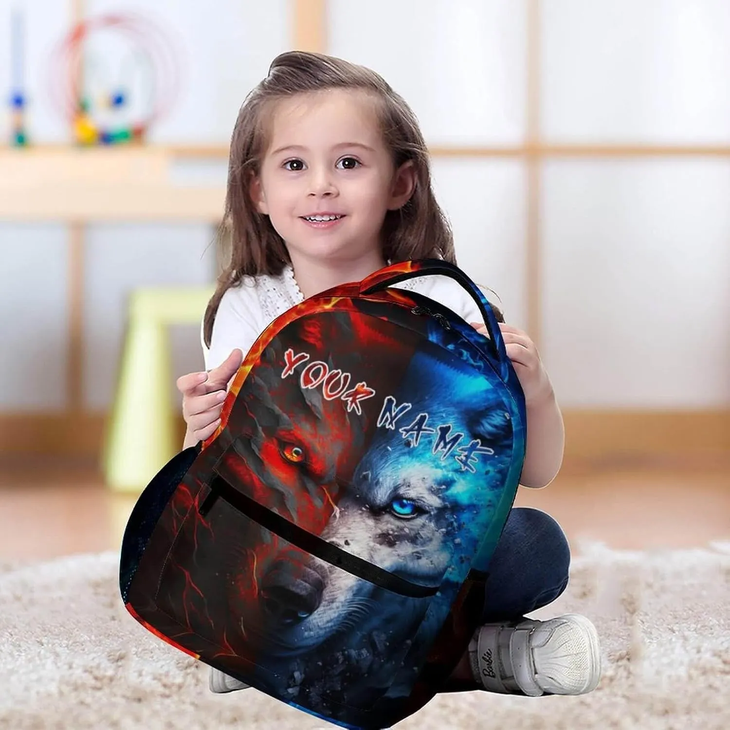 Custom Wolf Backpack for Kids Girls Boys School, 16 Inches Cute Wolf Theme Bookbag, Adjustable, Lightweight, Large Capacity, Colorful Wolf Backpack for School