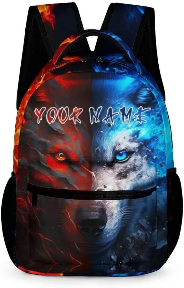 Custom Wolf Backpack for Kids Girls Boys School, 16 Inches Cute Wolf Theme Bookbag, Adjustable, Lightweight, Large Capacity, Colorful Wolf Backpack for School
