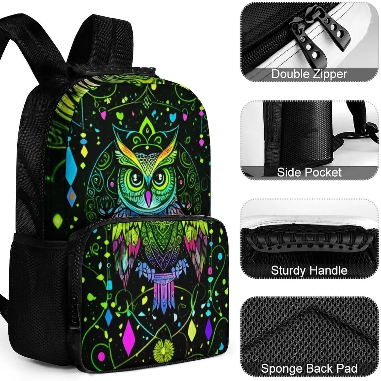Cute Abstract Owl Psychedelic Art Shoulder Book Bags Polyester Multipurpose Anti-Theft Carry On Bag Large Capacity Travel Hiking & Camping Rucksack
