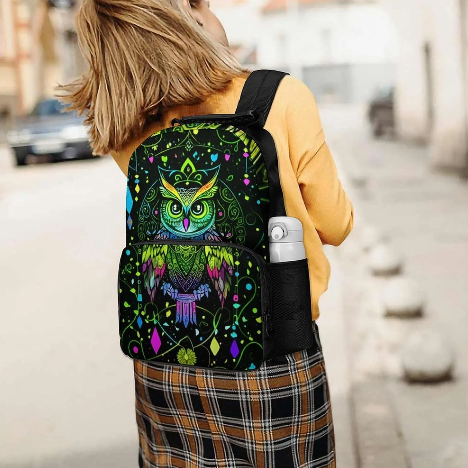 Cute Abstract Owl Psychedelic Art Shoulder Book Bags Polyester Multipurpose Anti-Theft Carry On Bag Large Capacity Travel Hiking & Camping Rucksack