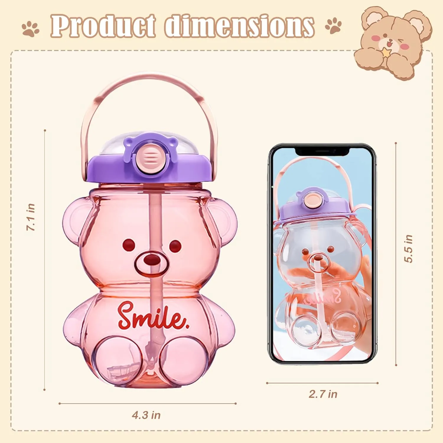 Cute Bear Water Bottle: 32oz Kawaii Kids Water Bottles with Strap and Straw - Leak-proof Plastic Drinking Cups for Girls Women School Sports Camping Picnic Hiking Travel (Purple)