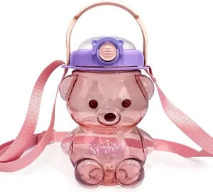 Cute Bear Water Bottle: 32oz Kawaii Kids Water Bottles with Strap and Straw - Leak-proof Plastic Drinking Cups for Girls Women School Sports Camping Picnic Hiking Travel (Purple)