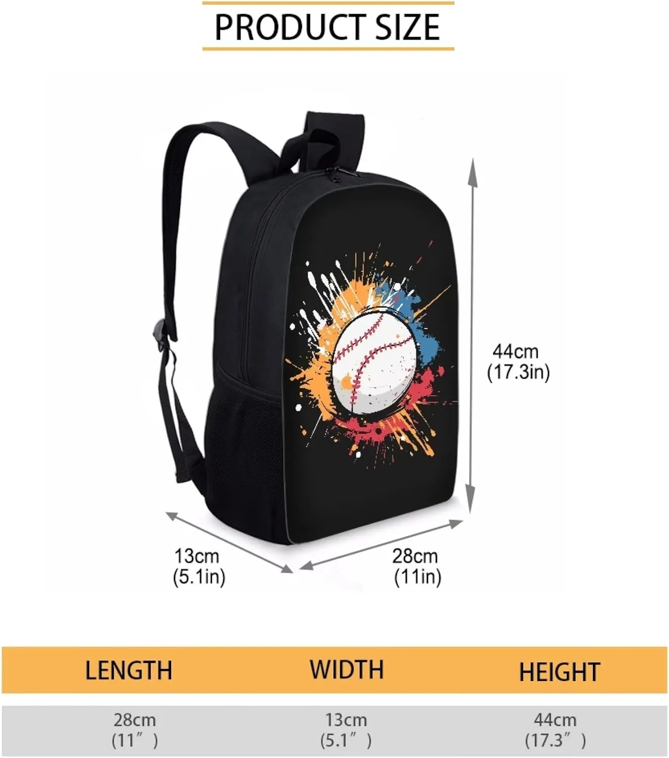 Cute Boys School Black Baseball Backpack for Elementary Student Soft Comfy Bookbag Daypack for Girls Campus Daily Outing Backpack with Side Pocket