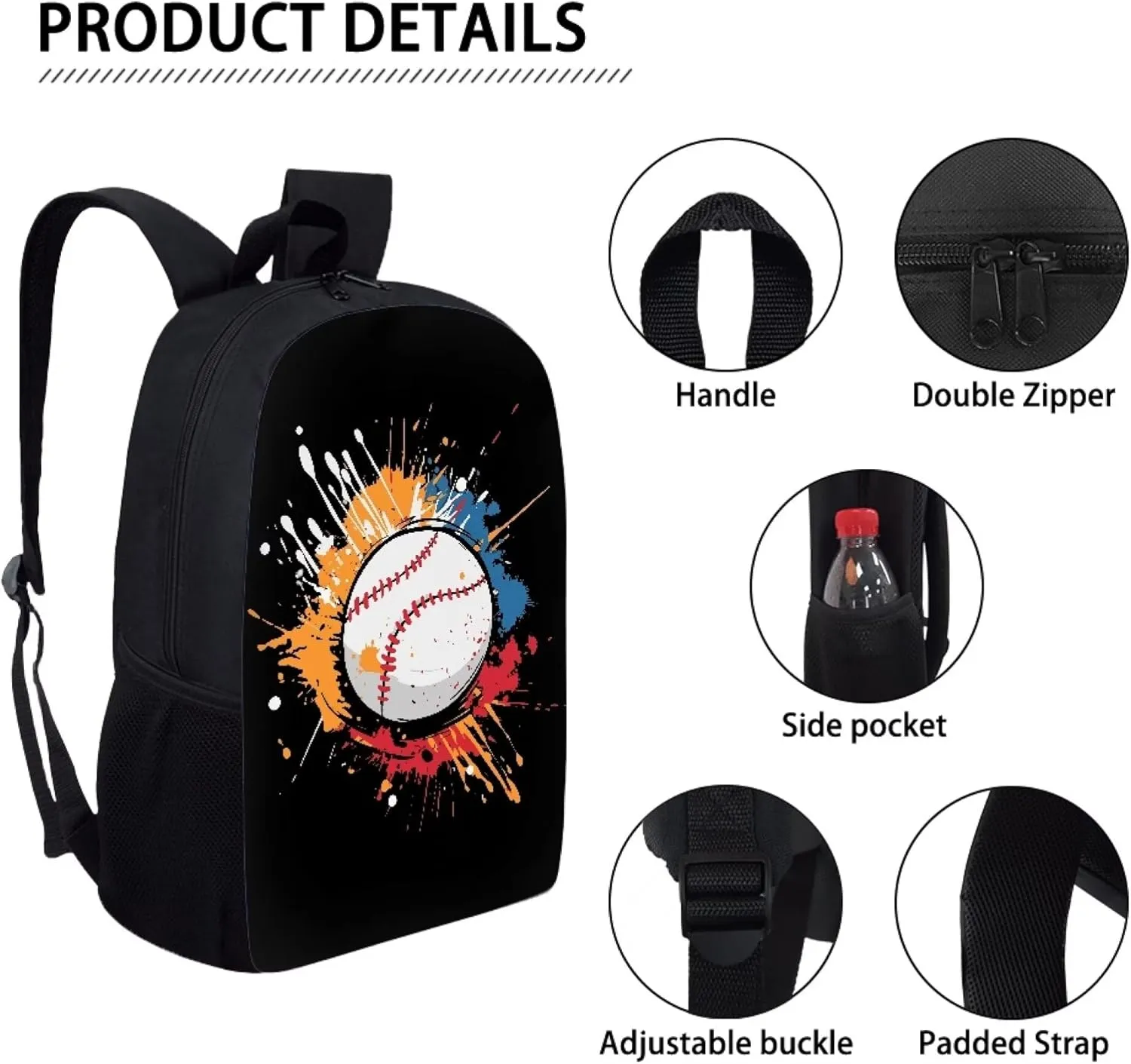 Cute Boys School Black Baseball Backpack for Elementary Student Soft Comfy Bookbag Daypack for Girls Campus Daily Outing Backpack with Side Pocket