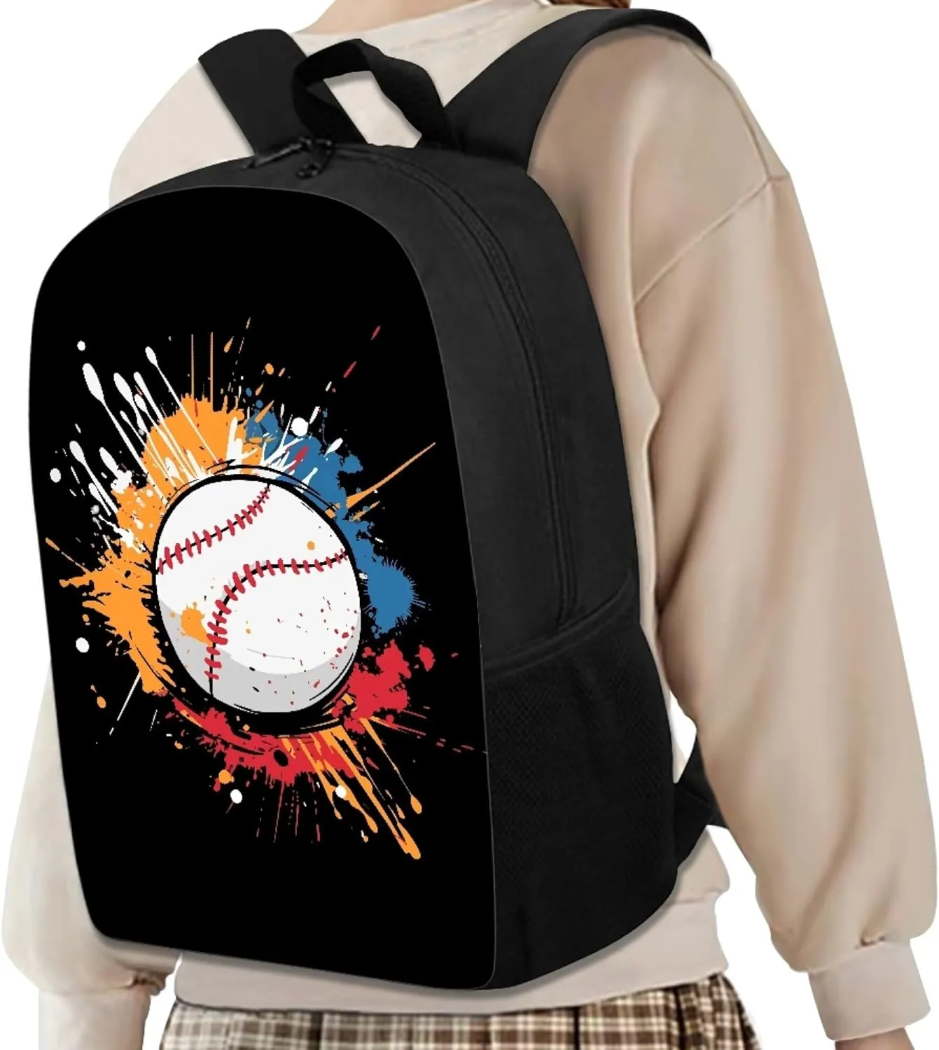 Cute Boys School Black Baseball Backpack for Elementary Student Soft Comfy Bookbag Daypack for Girls Campus Daily Outing Backpack with Side Pocket
