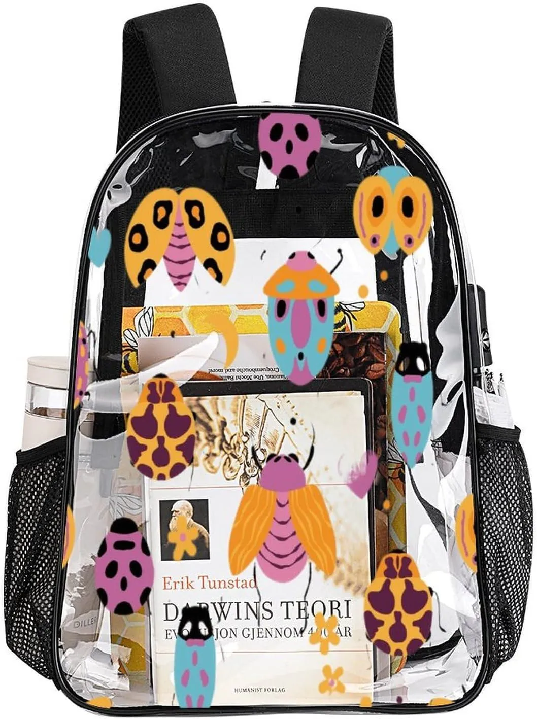 Cute Bugs Moth Floral 17 Inch Clear PVC Backpack for Outdoor Hiking Business Hearts Dots Colorful Casual Lightweight Daypack Men Women 43x32x13cm