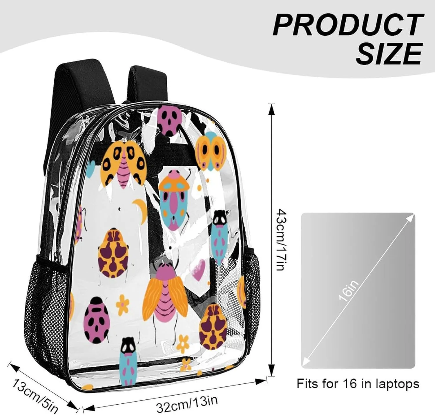 Cute Bugs Moth Floral 17 Inch Clear PVC Backpack for Outdoor Hiking Business Hearts Dots Colorful Casual Lightweight Daypack Men Women 43x32x13cm