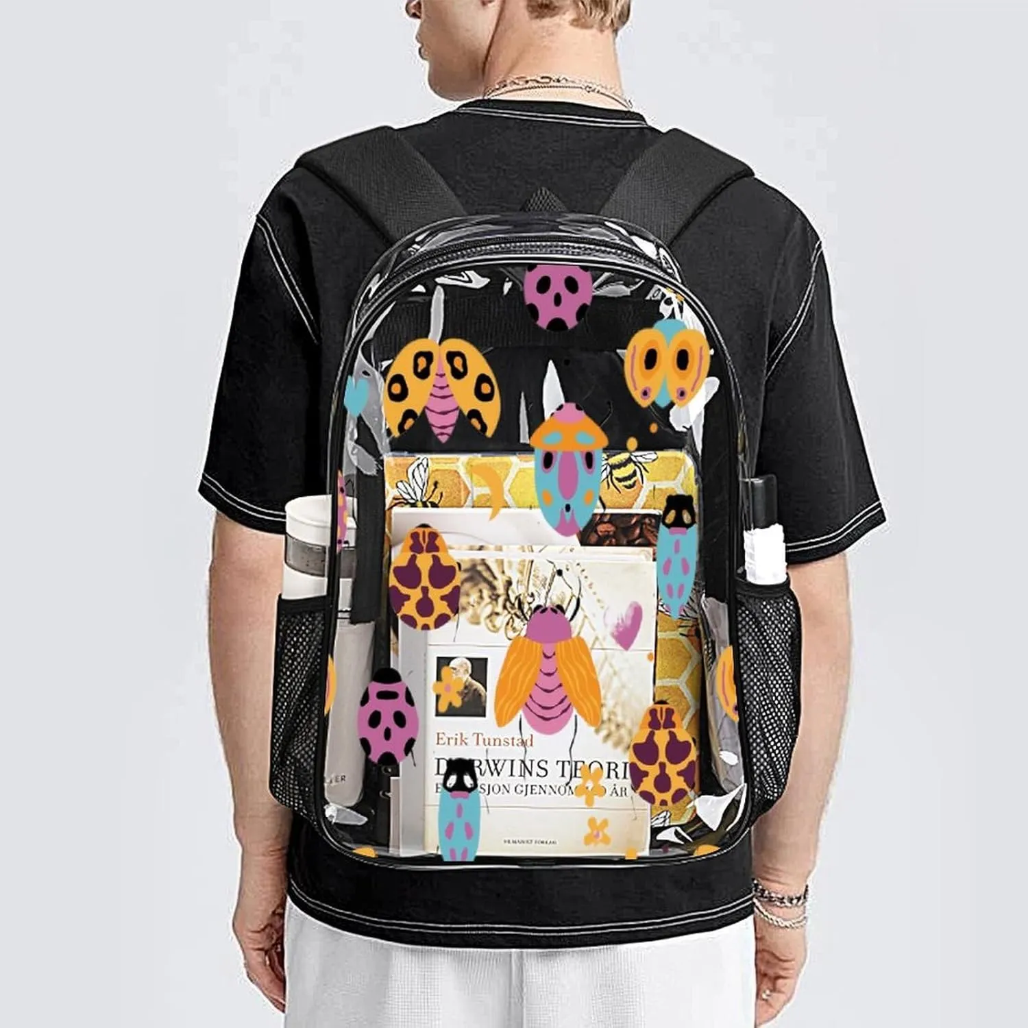 Cute Bugs Moth Floral 17 Inch Clear PVC Backpack for Outdoor Hiking Business Hearts Dots Colorful Casual Lightweight Daypack Men Women 43x32x13cm
