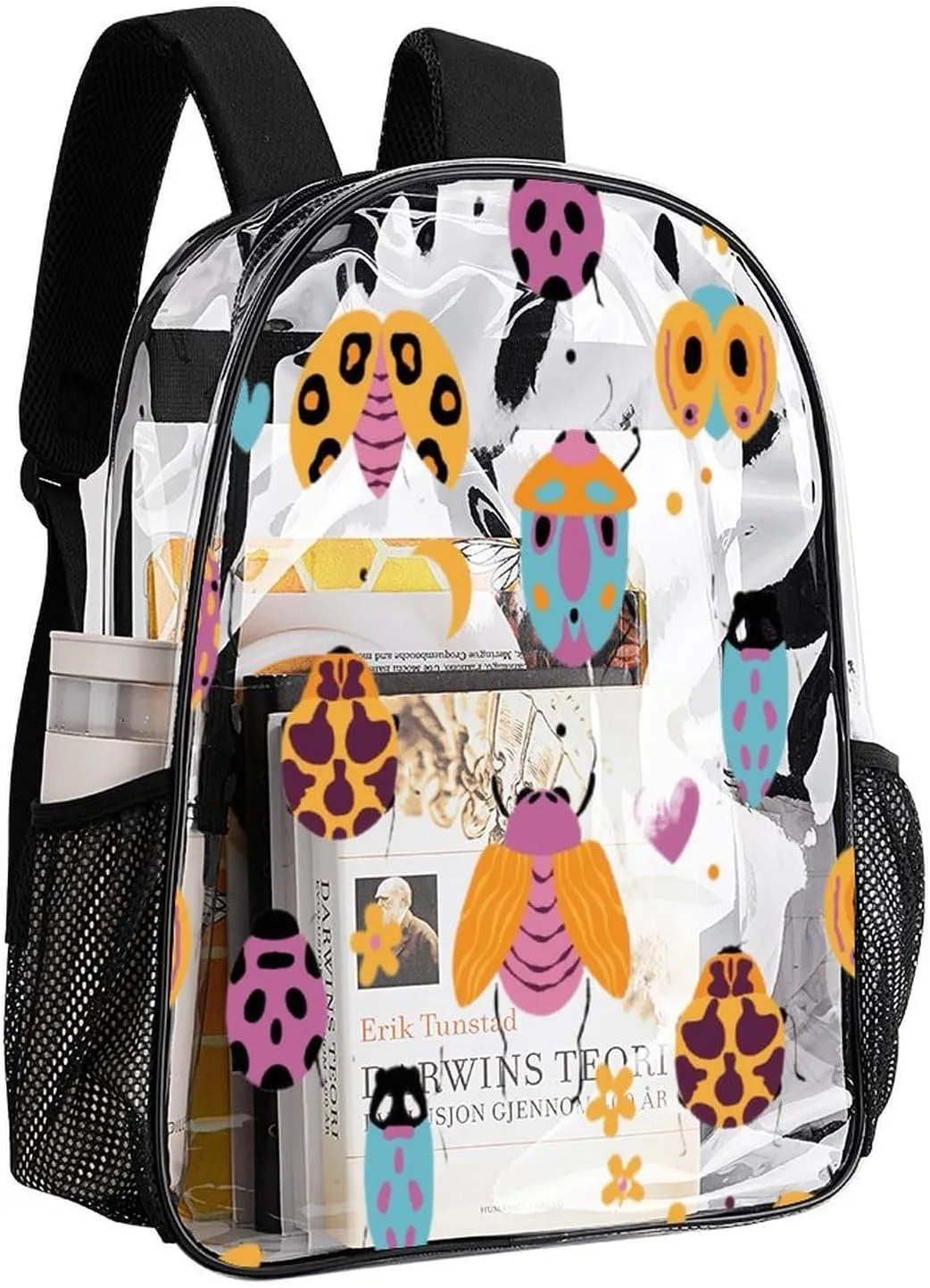 Cute Bugs Moth Floral 17 Inch Clear PVC Backpack for Outdoor Hiking Business Hearts Dots Colorful Casual Lightweight Daypack Men Women 43x32x13cm