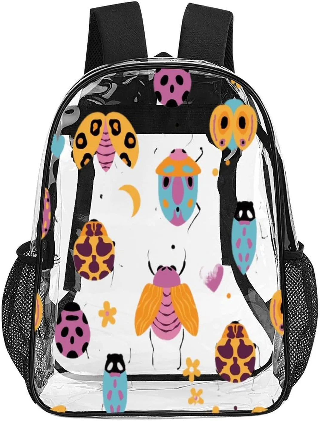 Cute Bugs Moth Floral 17 Inch Clear PVC Backpack for Outdoor Hiking Business Hearts Dots Colorful Casual Lightweight Daypack Men Women 43x32x13cm