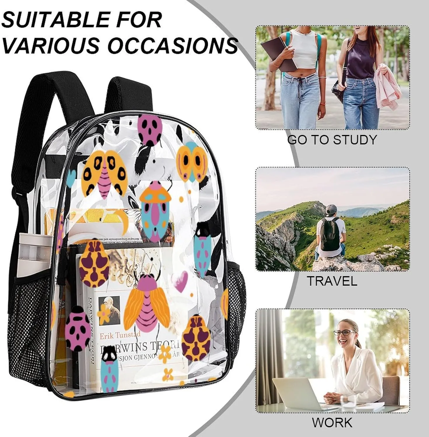 Cute Bugs Moth Floral 17 Inch Clear PVC Backpack for Outdoor Hiking Business Hearts Dots Colorful Casual Lightweight Daypack Men Women 43x32x13cm