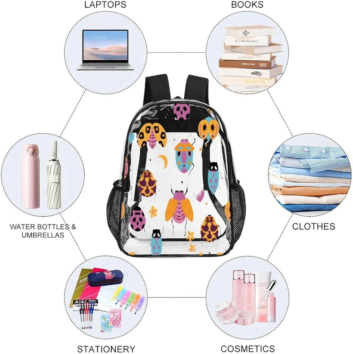 Cute Bugs Moth Floral 17 Inch Clear PVC Backpack for Outdoor Hiking Business Hearts Dots Colorful Casual Lightweight Daypack Men Women 43x32x13cm