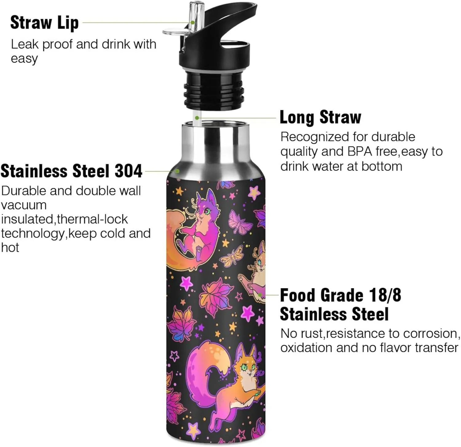 Cute Cat Fox Autumn Leaves Water Bottle Kids Boys Girls Insulated Stainless Steel Hot Cold Water Flask with Straw Lid for Sports Gym Running 20 oz