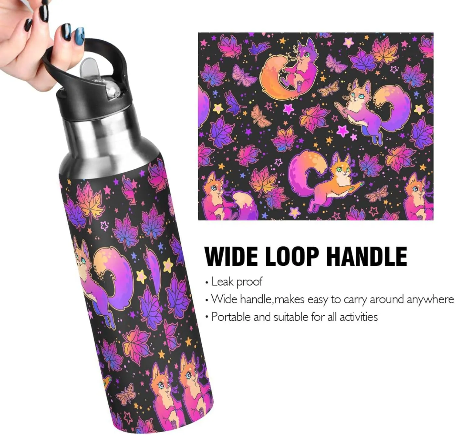 Cute Cat Fox Autumn Leaves Water Bottle Kids Boys Girls Insulated Stainless Steel Hot Cold Water Flask with Straw Lid for Sports Gym Running 20 oz