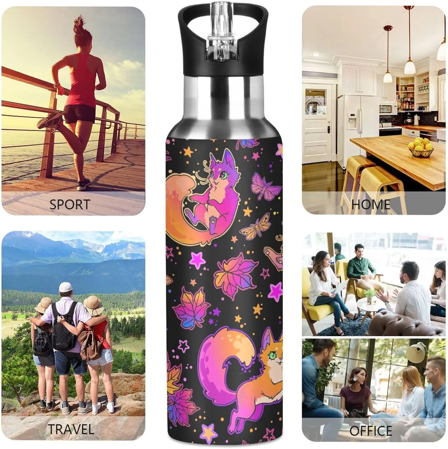Cute Cat Fox Autumn Leaves Water Bottle Kids Boys Girls Insulated Stainless Steel Hot Cold Water Flask with Straw Lid for Sports Gym Running 20 oz