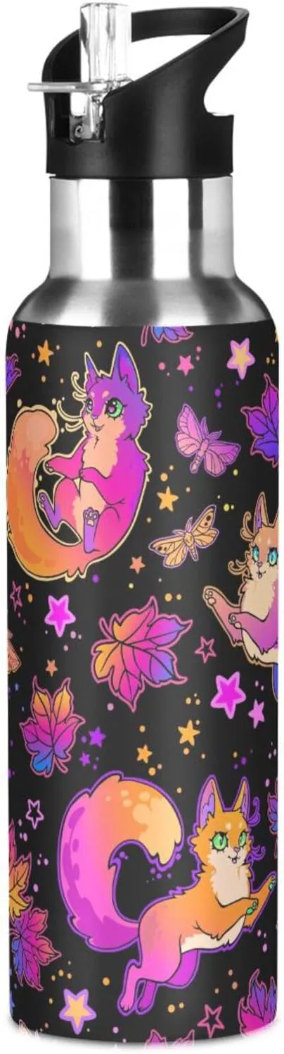 Cute Cat Fox Autumn Leaves Water Bottle Kids Boys Girls Insulated Stainless Steel Hot Cold Water Flask with Straw Lid for Sports Gym Running 20 oz