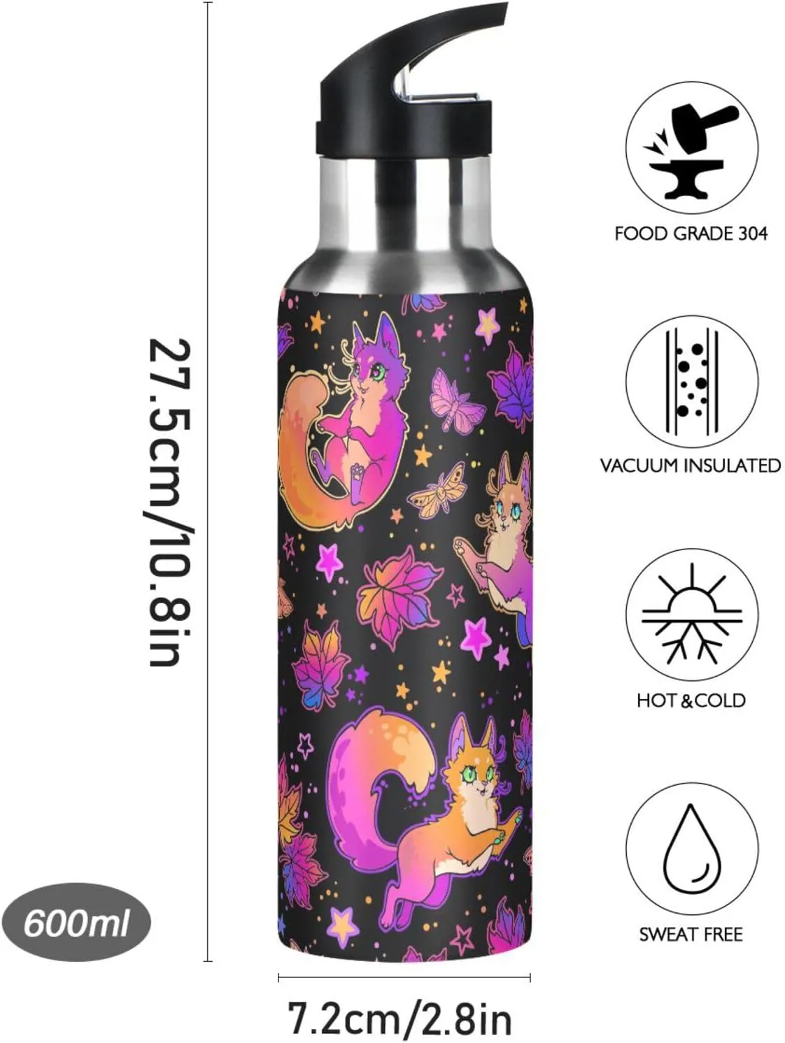 Cute Cat Fox Autumn Leaves Water Bottle Kids Boys Girls Insulated Stainless Steel Hot Cold Water Flask with Straw Lid for Sports Gym Running 20 oz