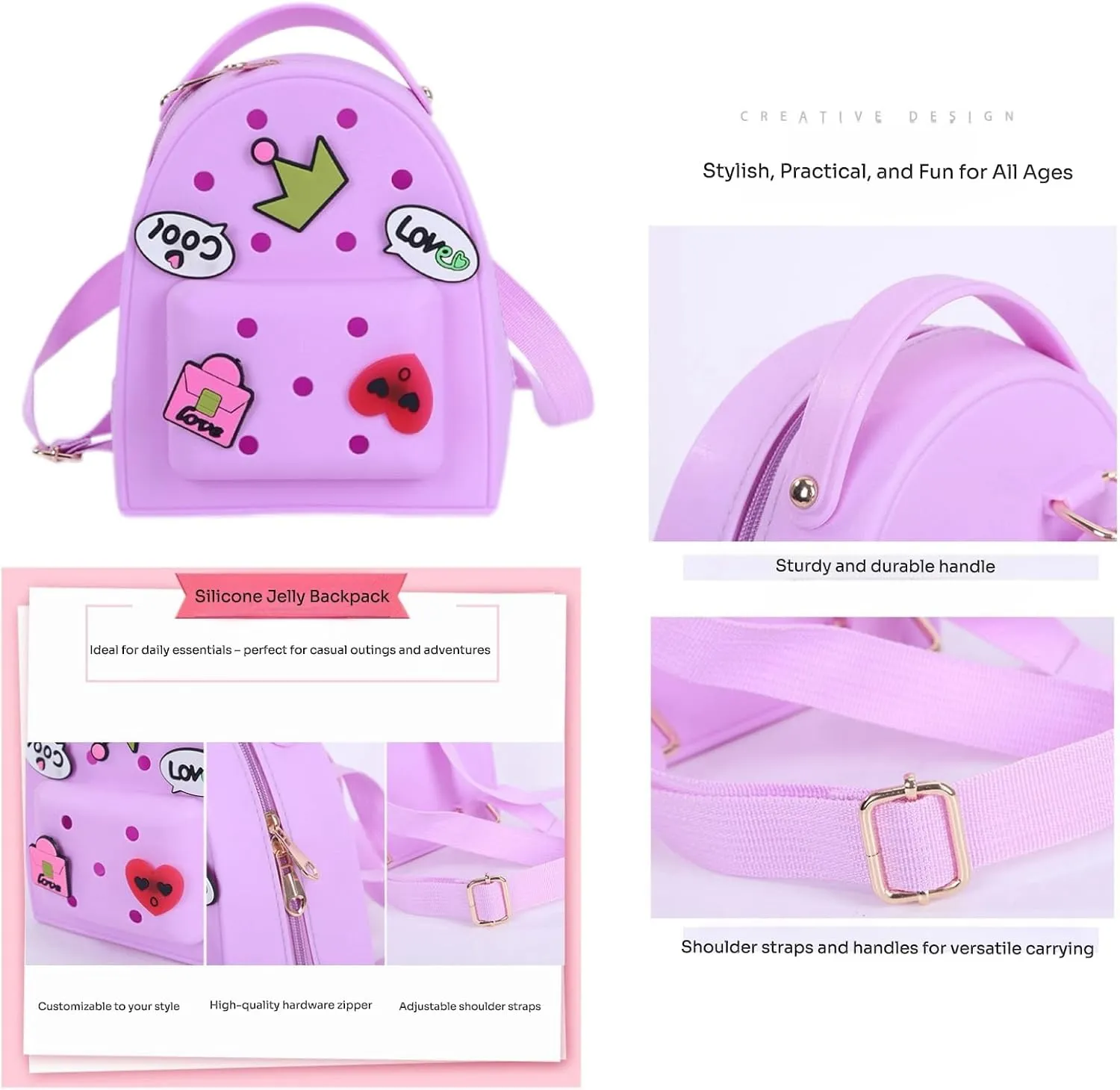 Cute Silicone Jelly Mini Backpack (2 Sizes) for Women Boys & Girls, Water-Resistant Lightweight Bag for Pool, Beach, Gym, Customizable Charms, Easy Clean (Lavender, Small Large)