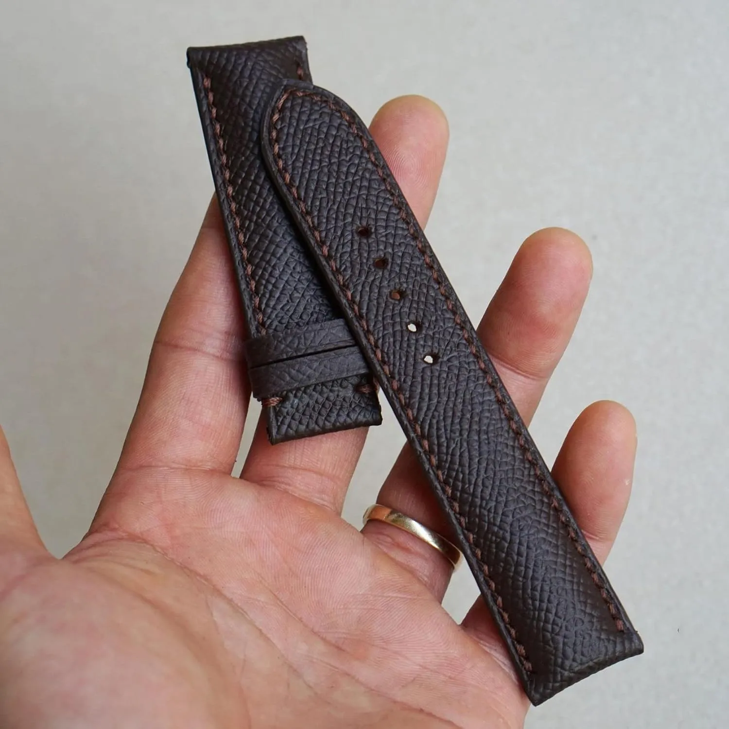 Dark Brown Epsom leather watch band, Handmade Calf leather watch strap (17mm, Steel Folding Clasp)
