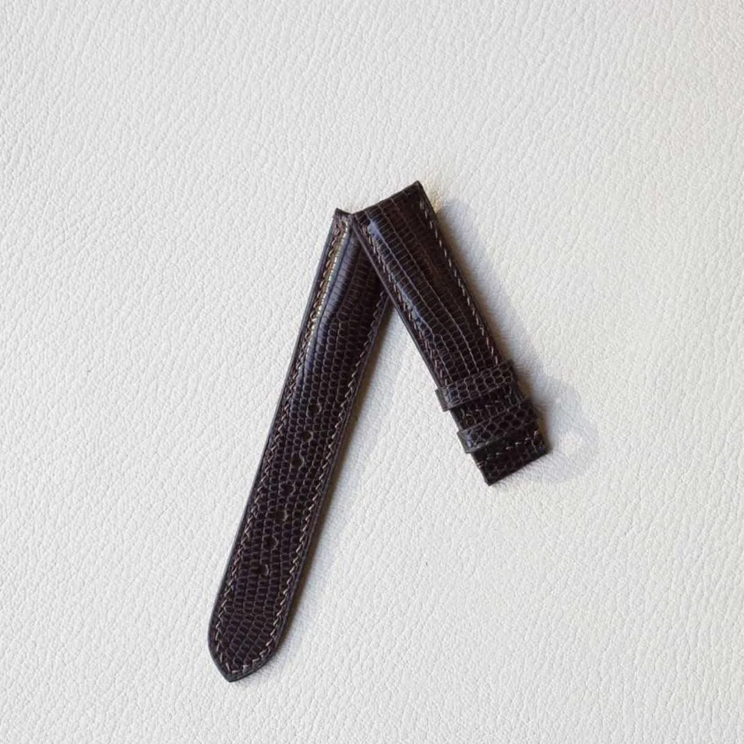 Dark Brown Lizard leather watch band, Handcrafted Lizard watch strap (16mm, Steel Folding Clasp)