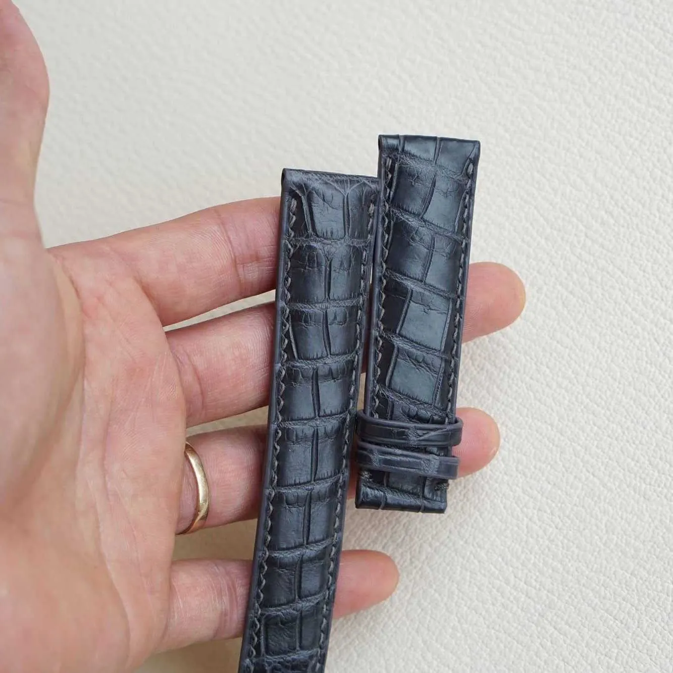 Dark Grey Alligator leather watch band, Handmade Alligator watch strap (14mm, Steel Folding Clasp)