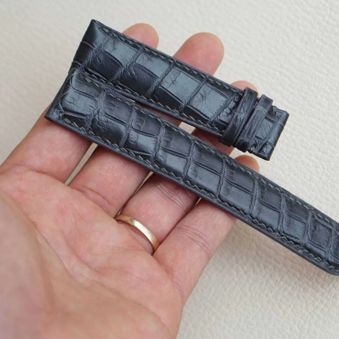 Dark Grey Alligator leather watch band, Handmade Alligator watch strap (14mm, Steel Folding Clasp)