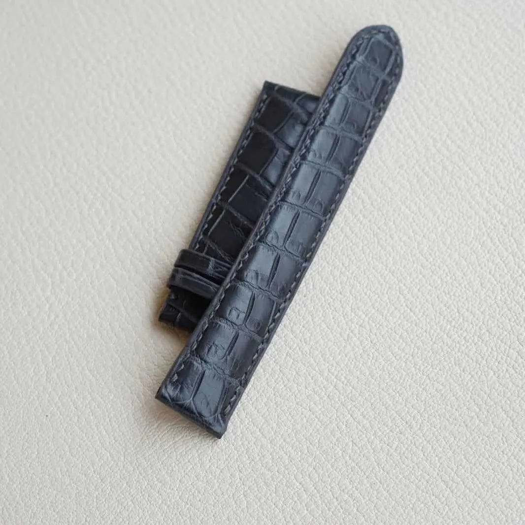Dark Grey Alligator leather watch band, Handmade Alligator watch strap (14mm, Steel Folding Clasp)